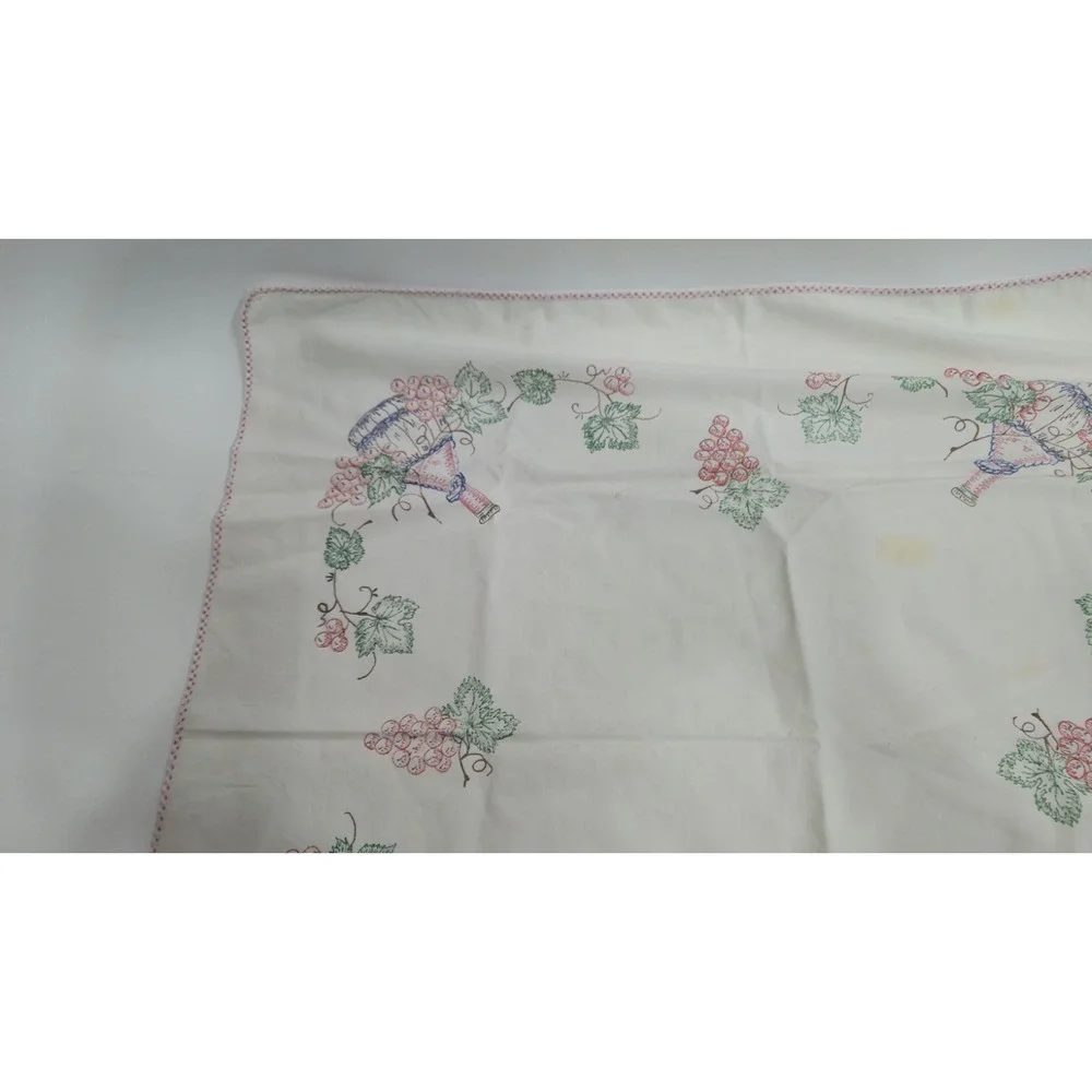 Vintage Hand Embroidered Grapes Wine Tablecloth Square 33